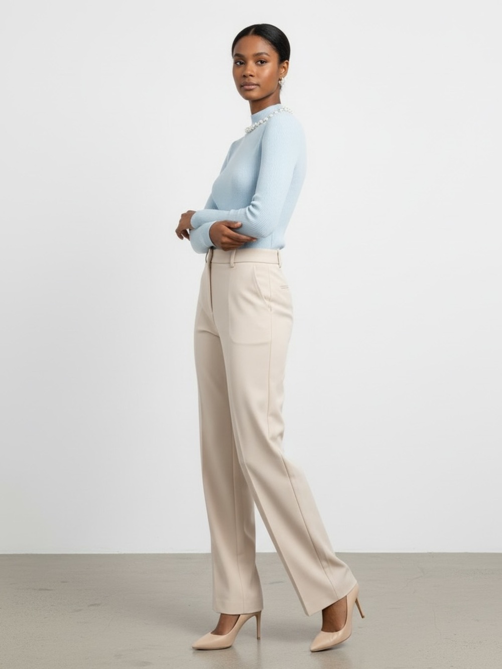 1654 • Blue Viscose Blend Ribbed Long Sleeve Mock Neck w/Pearl Strand Detail - Picture 5 of 10